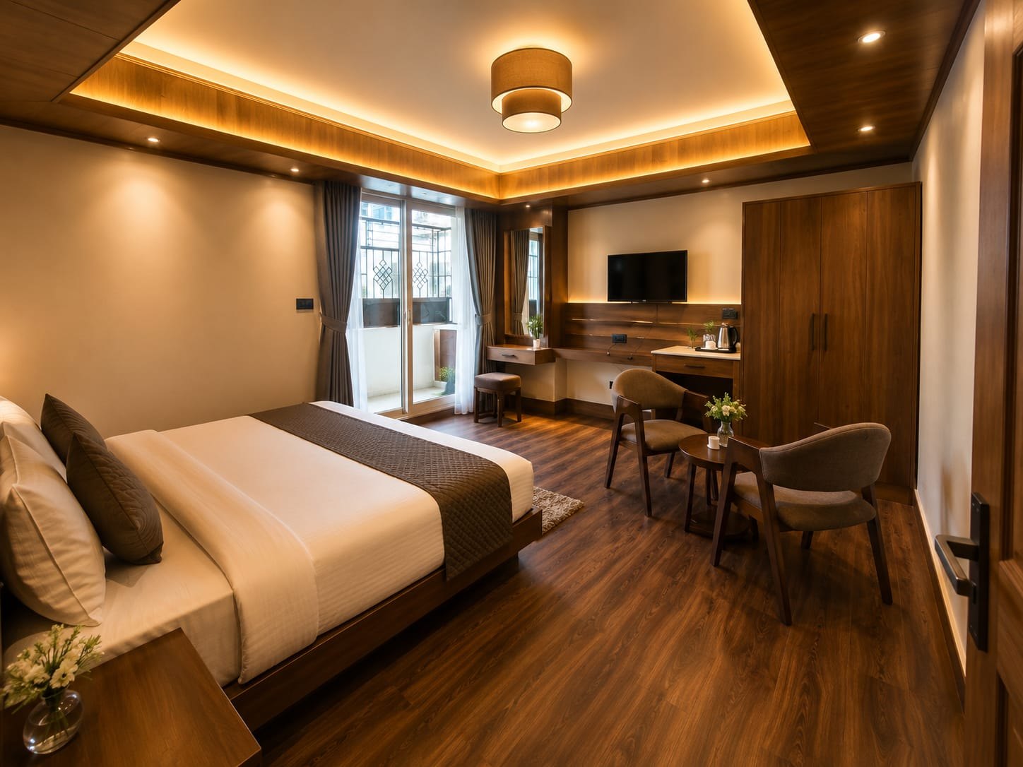 Deluxe Room with flat-screen TV, vanity desk, and sliding balcony door